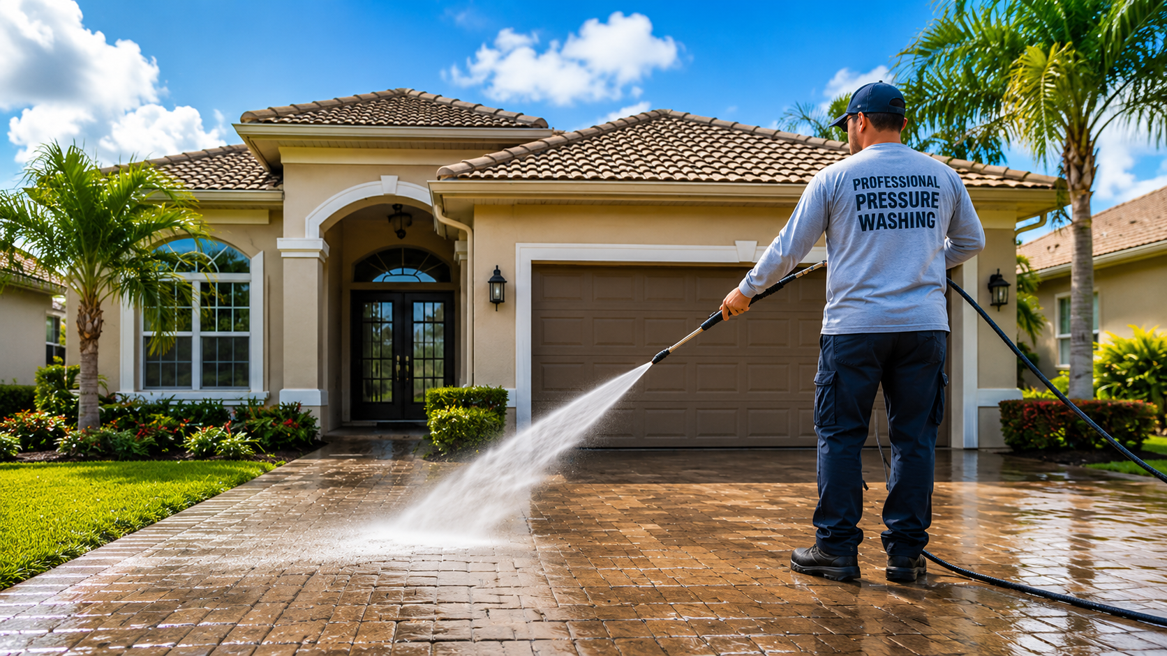 Pressure washing professional cleaning a home exterior in St. Cloud, FL